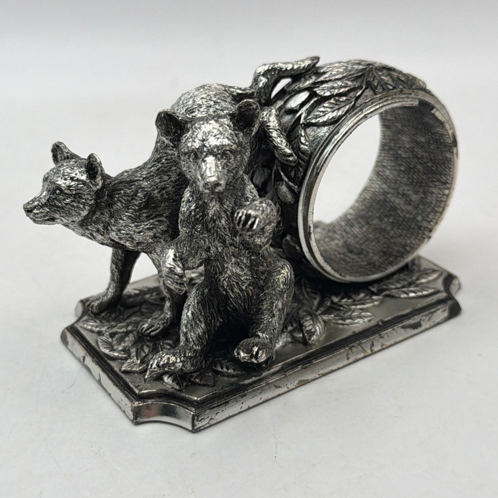 Franklin Mint Animals At Play Napkin Ring Silver Plate Bear Cubs Vintage 1977